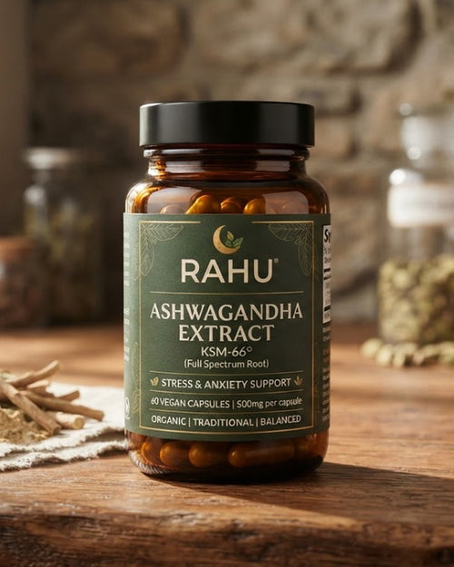 Rahu Ashwagandha ekstrakti purk puidust laual, korval ashwagandha juured ja pulber